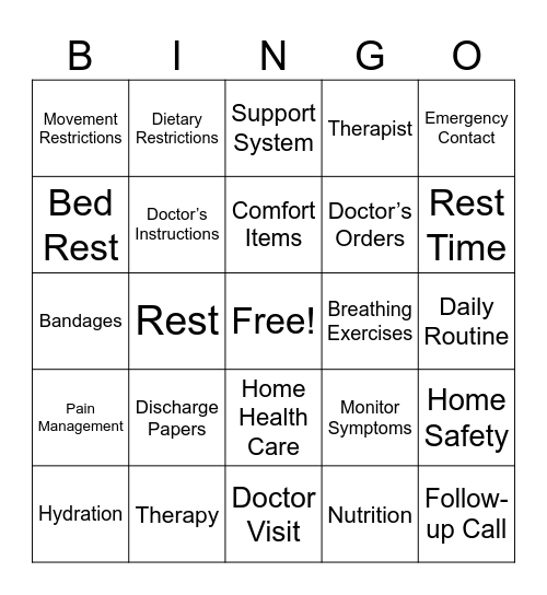 Discharge Planning Bingo Card
