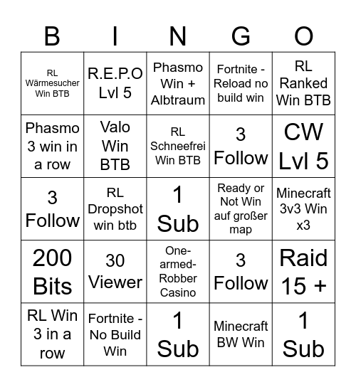 3x Bingo Challange Bingo Card