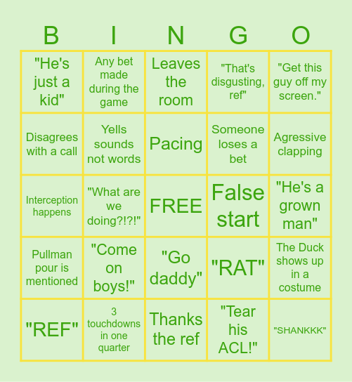 U OREGON vs PENN STATE Bingo Card