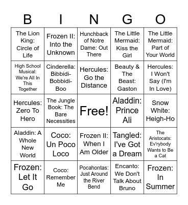 Disney Songs Bingo Card