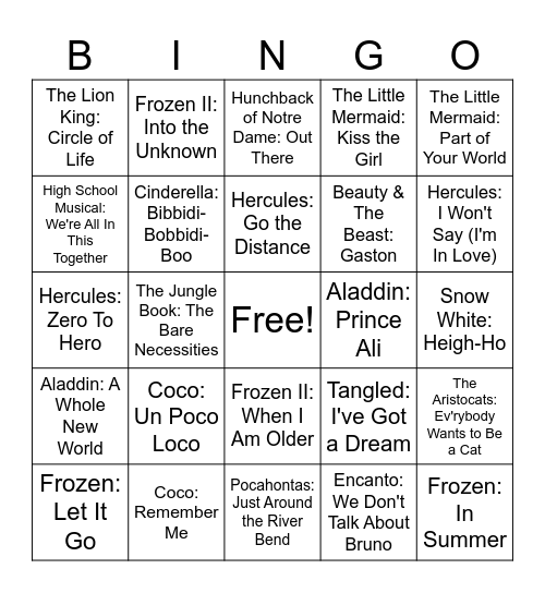 Disney Songs Bingo Card