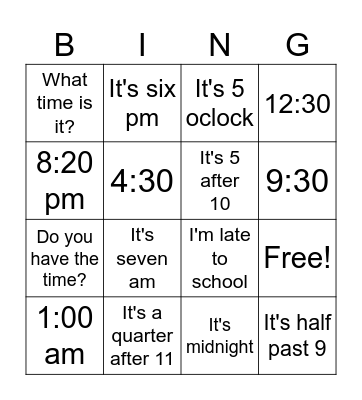 Telling time Bingo Card