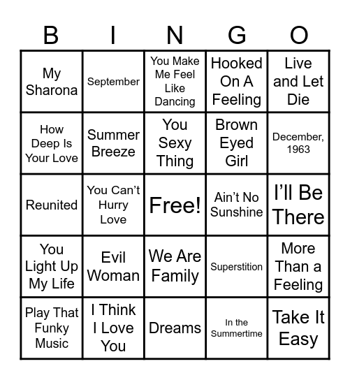 70s Bingo Card