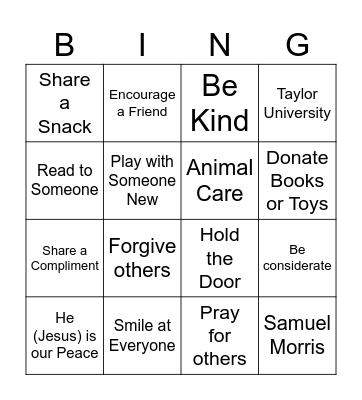 Kindness Bingo Card