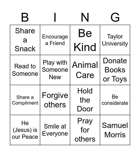 Kindness Bingo Card