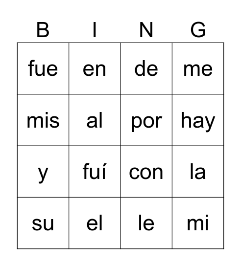Palabras de uso frecuente Bingo Card