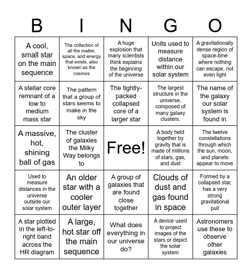 Earth Science & Astronomy Weeks 1/2 Bingo Card