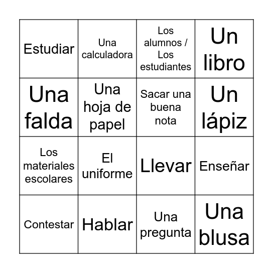 Capítulo 4 Vocab. 1 Bingo Card