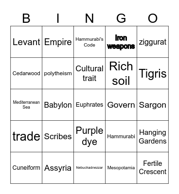 Civilizations of the Fertile Crescent Bingo Card