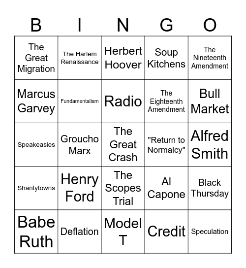 The Roaring 20s and the Great Depression Bingo Card