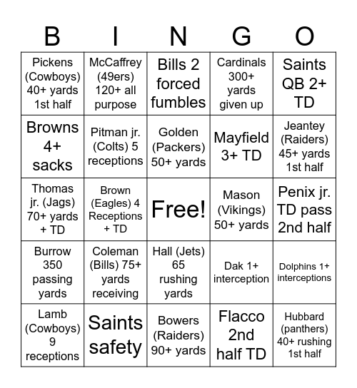 NFL BINGO Card