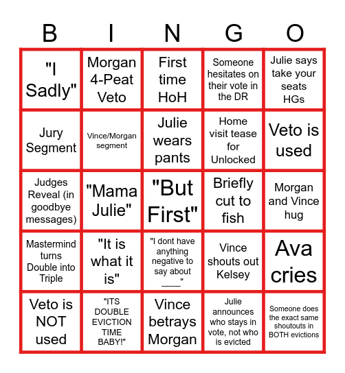 BB27 Double Eviction Bingo Card