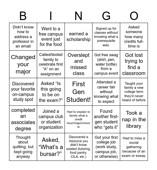 First- Gen Bingo Card Bingo Card