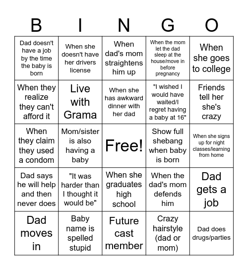 16 & Pregnant Bingo Card
