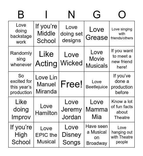 Theatre Bingo Card