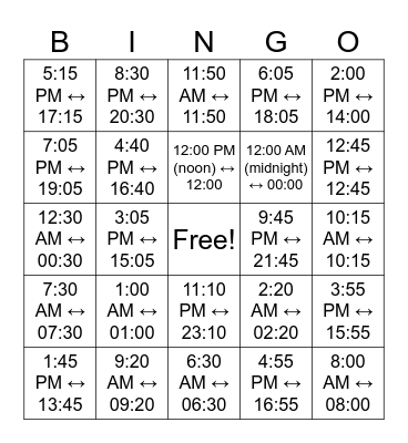 Bingo - Time Conversion Bingo Card