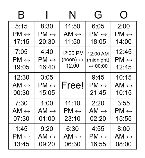 Bingo - Time Conversion Bingo Card