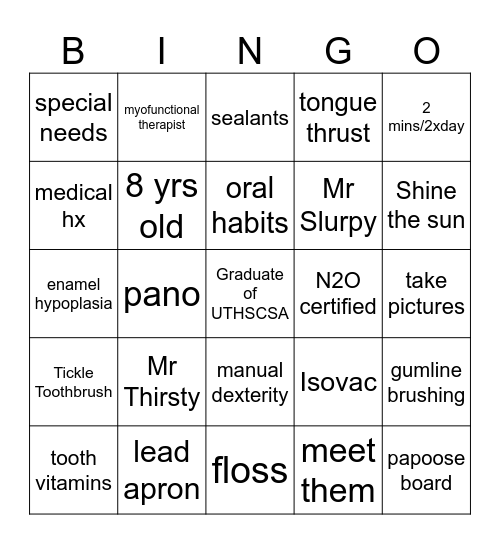 Pediatric Dentistry Bingo Card