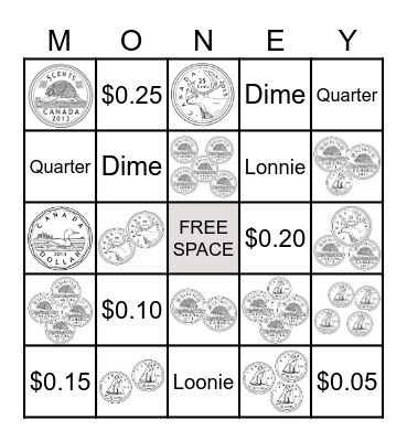 Canadian Coins Bingo Card