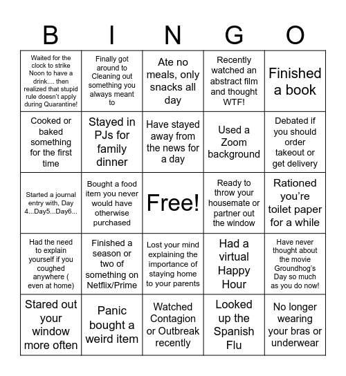 Book Club Quarantine Bingo Card