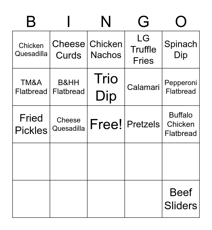 Bar Bite Bingo Card