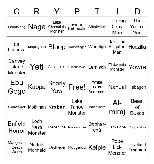 Cryptozoology Bingo Card