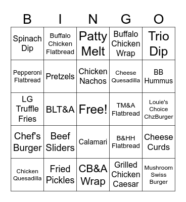 Bar Bite Bingo Card