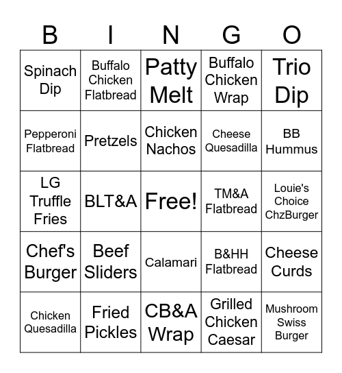 Bar Bite Bingo Card