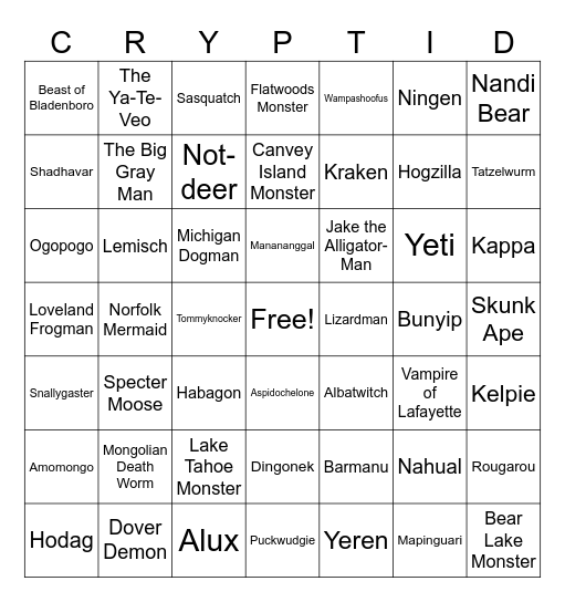 Cryptozoology Bingo Card