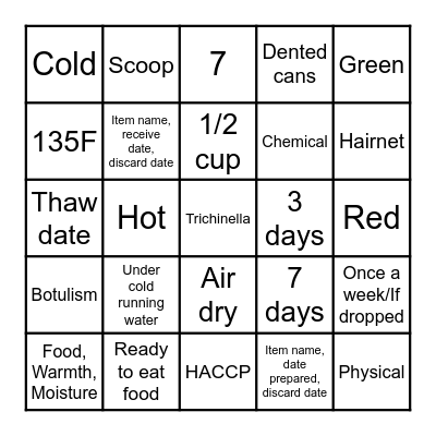 Sanitation Bingo Card
