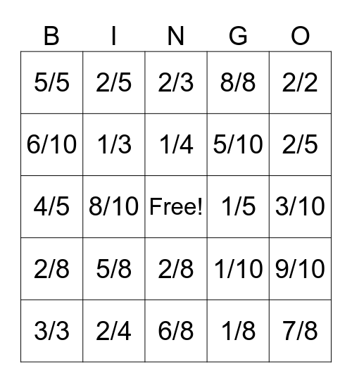Fraction and thier Equivalents Bingo Card