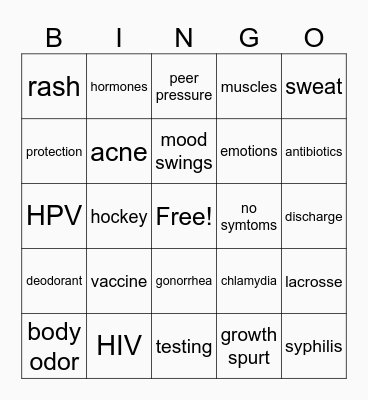 Sexual Health Bingo Card