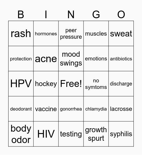 Sexual Health Bingo Card