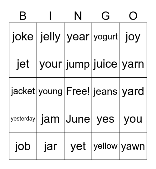 Lessons 29 and 30: j and y Bingo Card