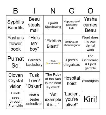 The Mighty Nein Season 1 Bingo Card