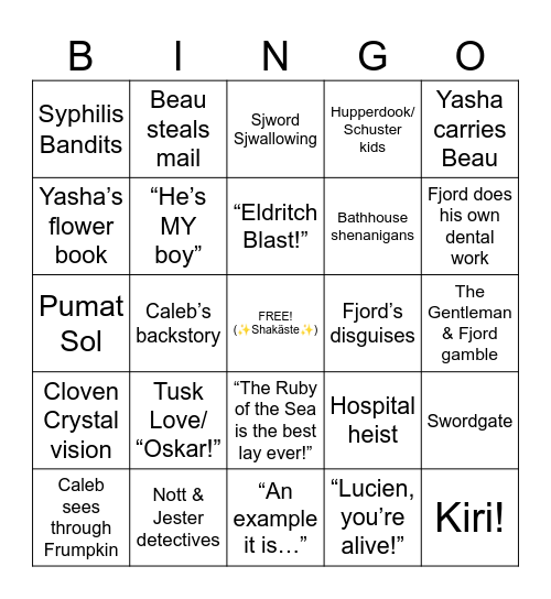 The Mighty Nein Season 1 Bingo Card