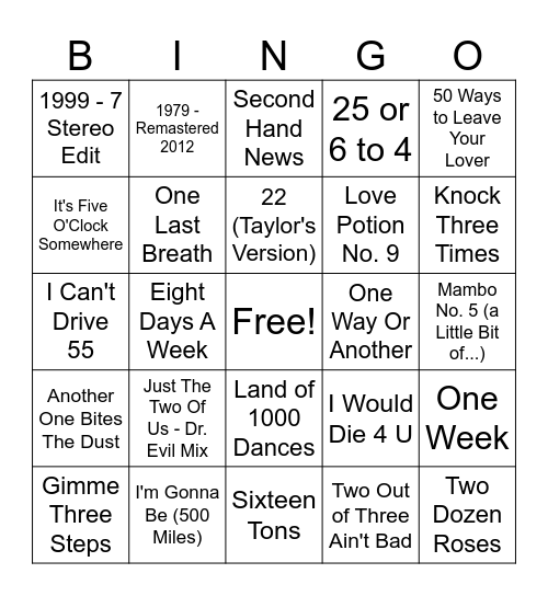 NUMBERS Bingo Card