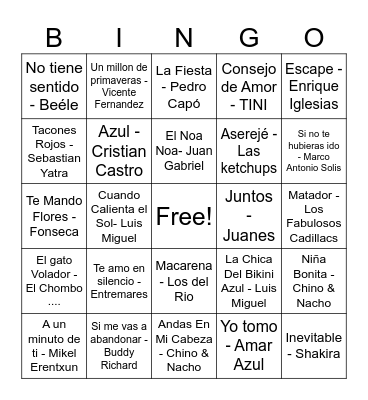 Bingo Musical Bingo Card