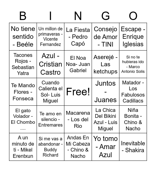 Bingo Musical Bingo Card