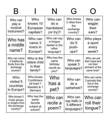 Exchange bingo Card