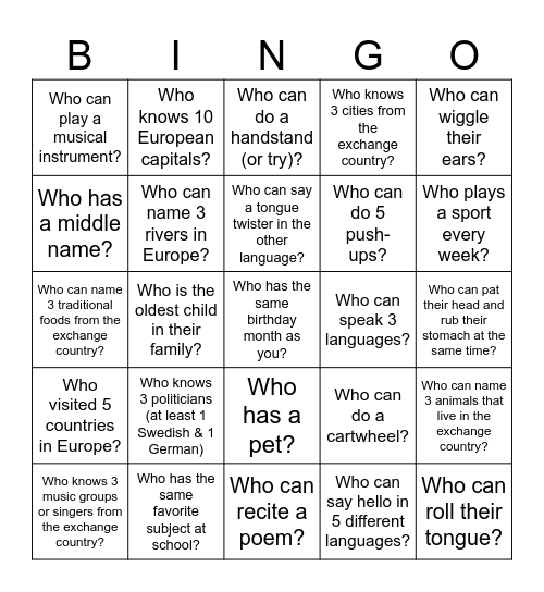 Exchange bingo Card