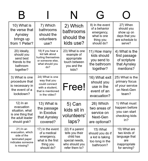 Next-Gen Training Bingo Card