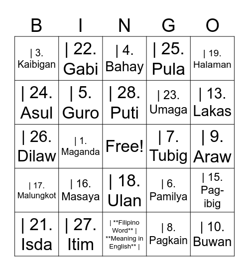 Filipino Bingo Card
