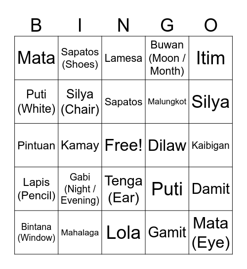 Filipino Bingo Card