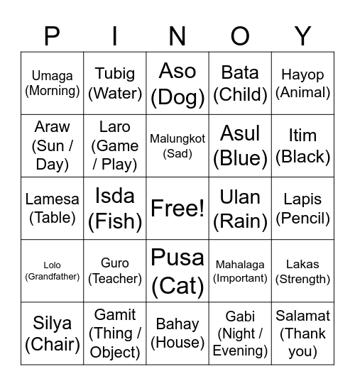 Filipino Bingo! Bingo Card