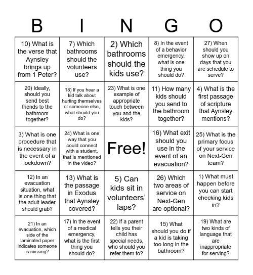 Next-Gen Training Bingo Card