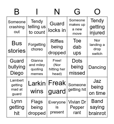 Color Guard game day Bingo Card