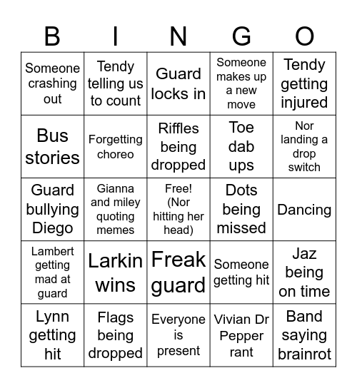Color Guard game day Bingo Card