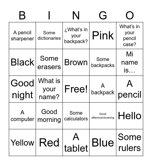 Español U1+ 2 Bingo Card