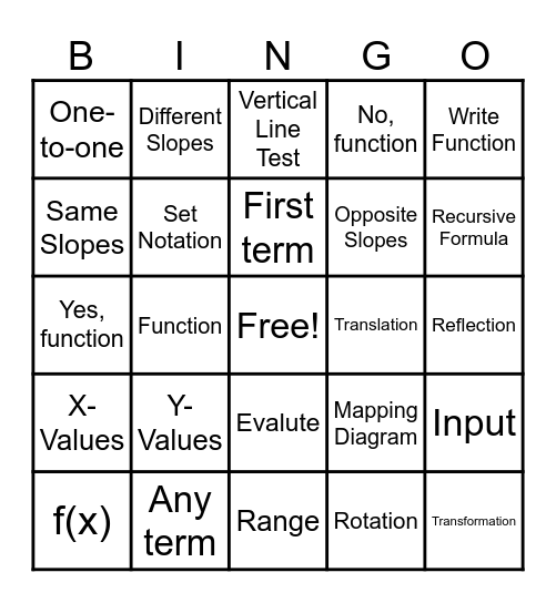 Function Vocab Bingo Card
